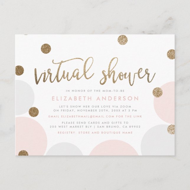 Postal De Invitación Purpurina simple rosa y dorado ducha virtual confe (Anverso)
