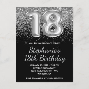 Postal De Invitación Purpurina Sparkly Silver Balón negro 18 cumpleaños