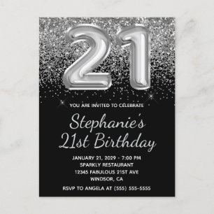 Postal De Invitación Purpurina Sparkly Silver Balón negro 21 cumpleaños