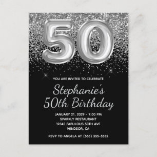 Postal De Invitación Purpurina Sparkly Silver Balón negro 50 cumpleaños