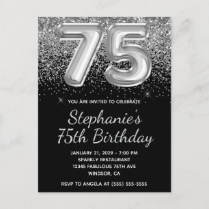 Postal De Invitación Purpurina Sparkly Silver Balón negro 75º cumpleaño