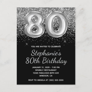 Postal De Invitación Purpurina Sparkly Silver Balón negro 80 cumpleaños