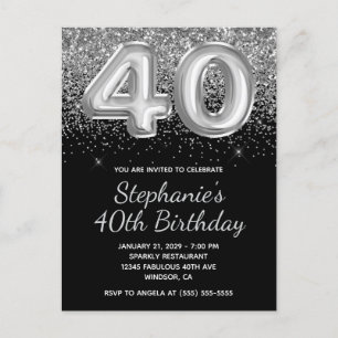 Postal De Invitación Purpurina Sparkly Silver Globo negro 40 cumpleaños