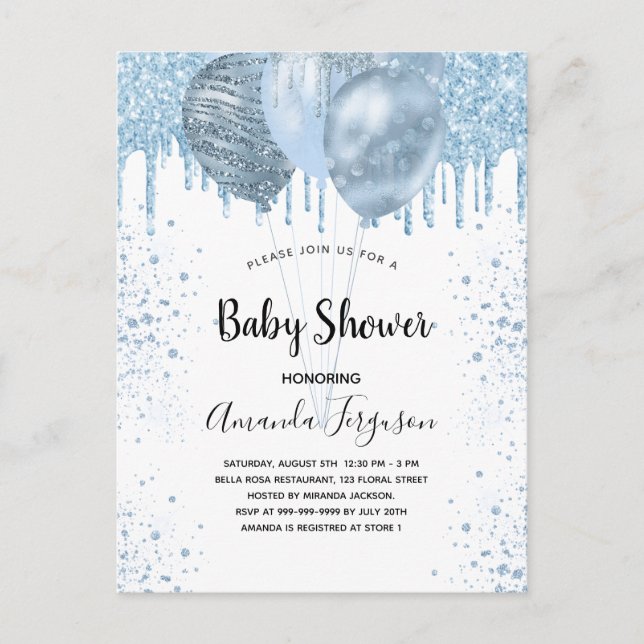 Postal De Invitación purpurinas azules de Baby Shower globos de plata (Anverso)