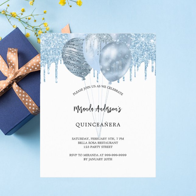 Postal De Invitación Purpurinas de globos azules de Quinceanera gotean (Subido por el creador)