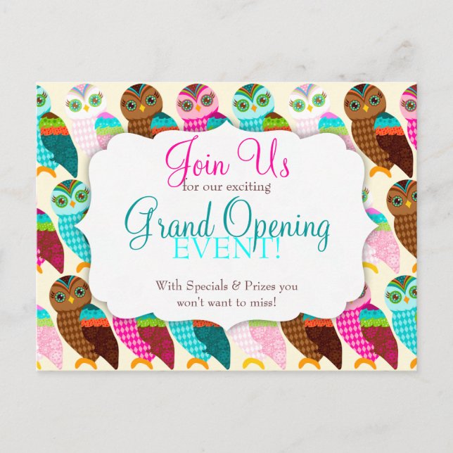 Postal De Invitación ¿Qué Tal Lechuza? Gran apertura (Anverso)