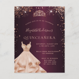 Postal De Invitación Quinceanera burgundy rosa dorado chispas vestido