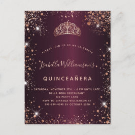 Postal De Invitación Quinceanera burgundy rosa oro purpurina polvo tiar