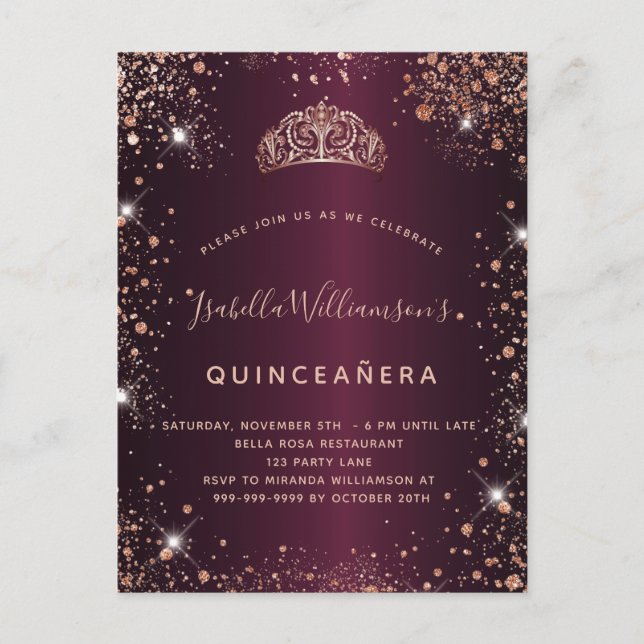Postal De Invitación Quinceanera burgundy rosa oro purpurina polvo tiar (Anverso)