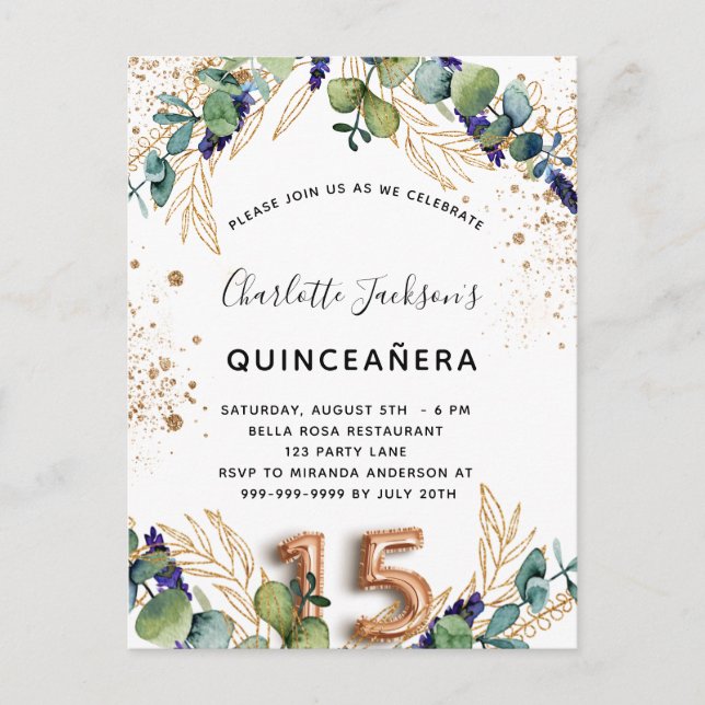 Postal De Invitación Quinceanera eucalyptus verde purpurina elegante (Anverso)