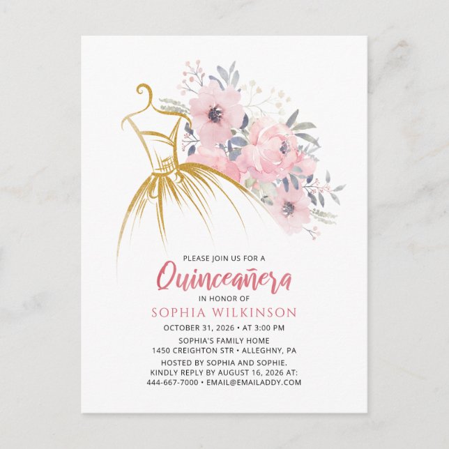 Postal De Invitación Quinceanera Floral Moderna 15º cumpleaños (Anverso)