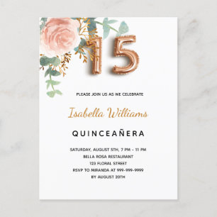 Postal De Invitación Quinceanera floral rosa oro eucalipto elegante
