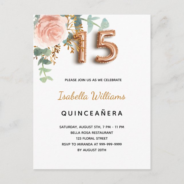 Postal De Invitación Quinceanera floral rosa oro eucalipto elegante (Anverso)