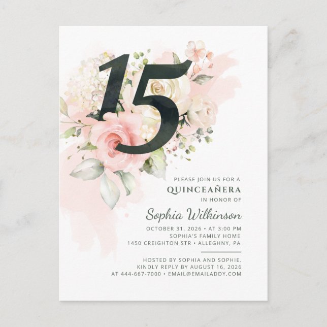 Postal De Invitación Quinceañera Floral Rustica Moderna (Anverso)