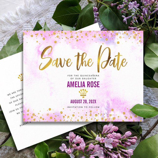 Postal De Invitación Quinceañera Guardar fecha Relieve metalizado dorad (Subido por el creador)