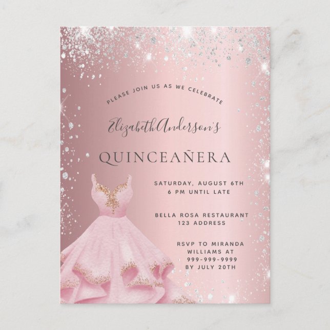 Postal De Invitación Quinceanera lustre purpurina de plata vestido de p (Anverso)