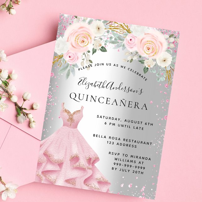 Postal De Invitación Quinceanera lustroso rosa brillante vestido glamur (Subido por el creador)