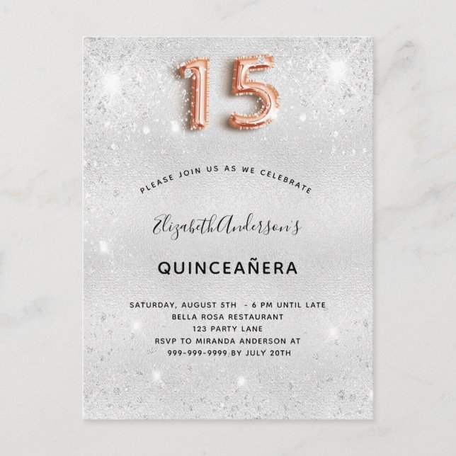 Postal De Invitación Quinceanera plata rosa metalizado oro purpurina po (Anverso)