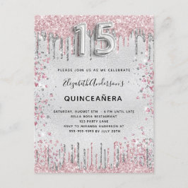 Postal De Invitación Quinceanera plata rosa purpurina metalizado polvo