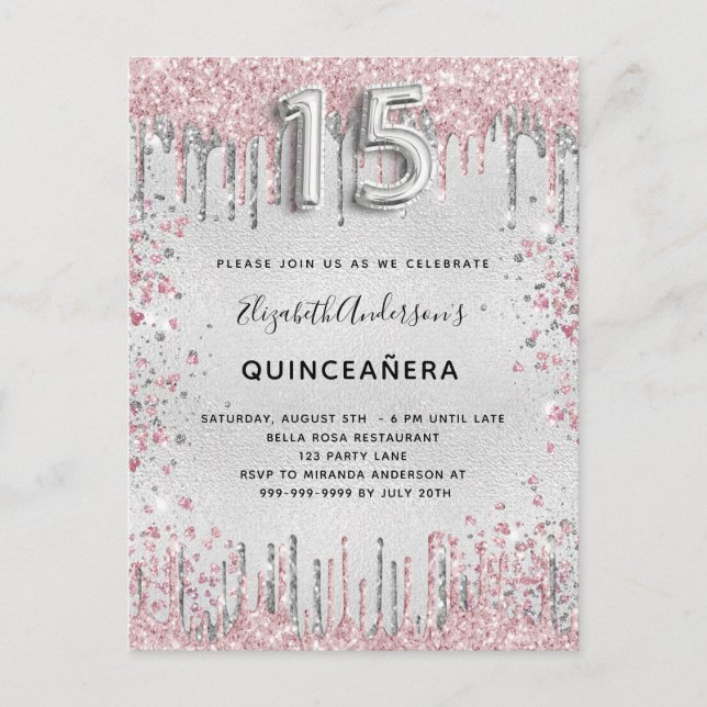 Postal De Invitación Quinceanera plata rosa purpurina metalizado polvo (Anverso)