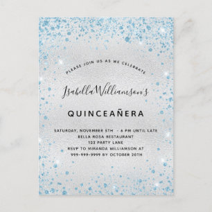 Postal De Invitación Quinceanera purpurina azul plateado chispa de polv