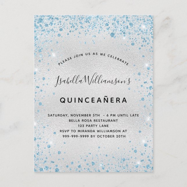 Postal De Invitación Quinceanera purpurina azul plateado chispa de polv (Anverso)