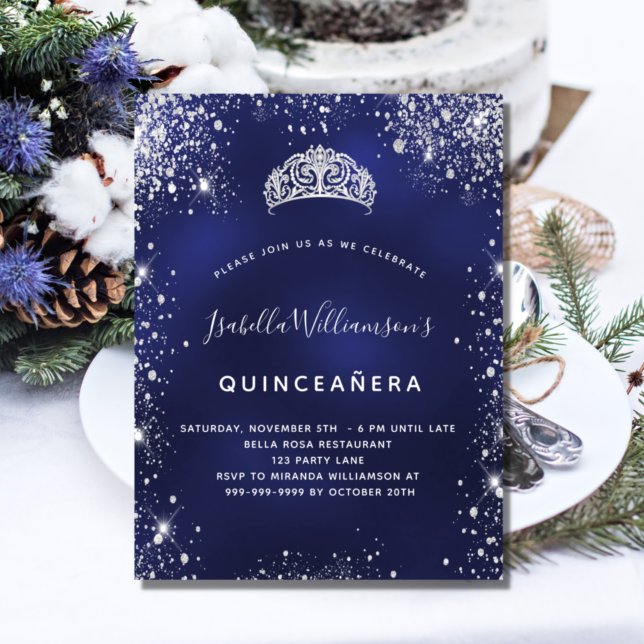 Postal De Invitación Quinceanera purpurina de plata azul polvo tiara co (Subido por el creador)