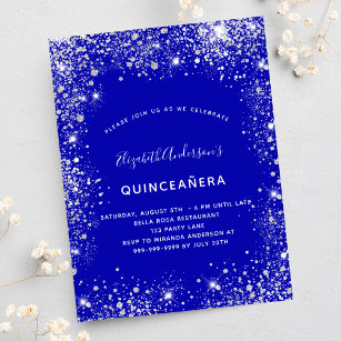 Postal De Invitación Quinceanera purpurina de plata azul real glam de p