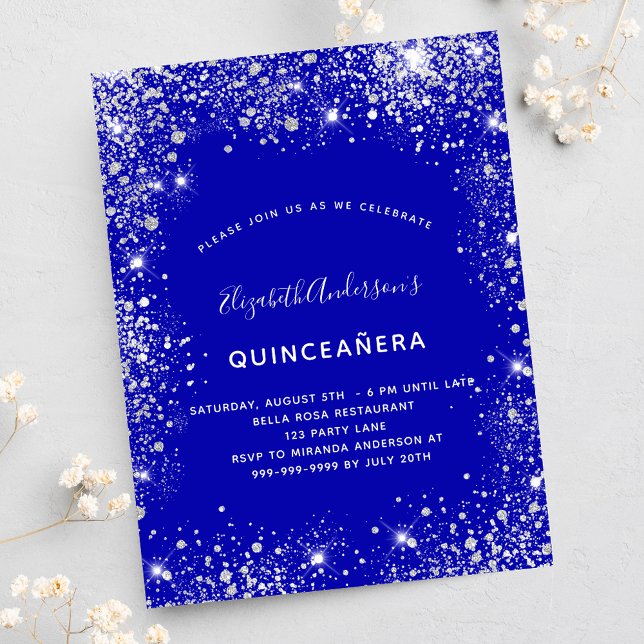Postal De Invitación Quinceanera purpurina de plata azul real glam de p (Subido por el creador)