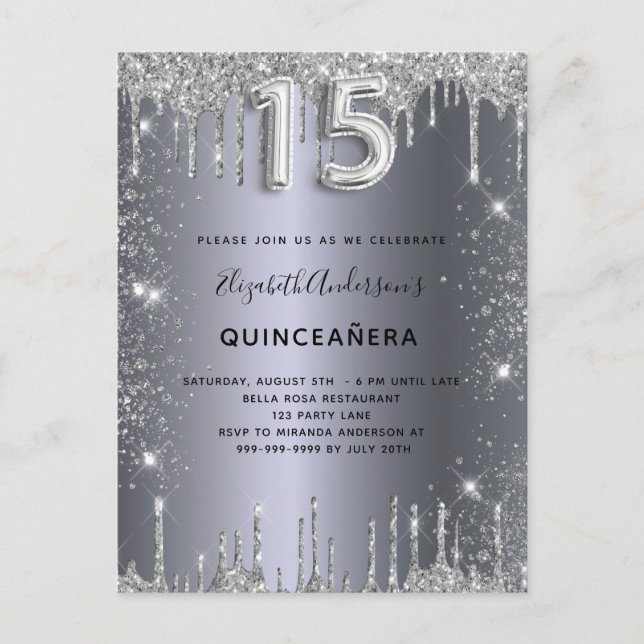Postal De Invitación Quinceanera purpurina de plata polvo (Anverso)