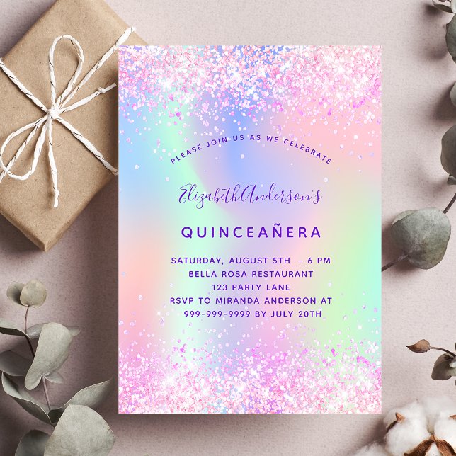 Postal De Invitación Quinceanera purpurina púrpura rosa holográfico (Subido por el creador)