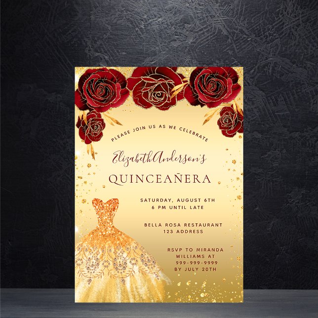 Postal De Invitación Quinceanera purpurina rojo vestido florines (Subido por el creador)