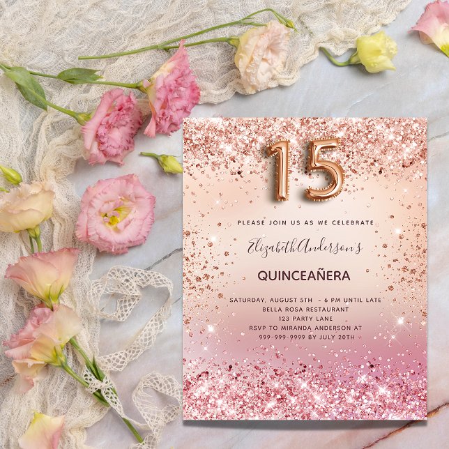 Postal De Invitación Quinceanera rosa de oro negro confetti (Subido por el creador)