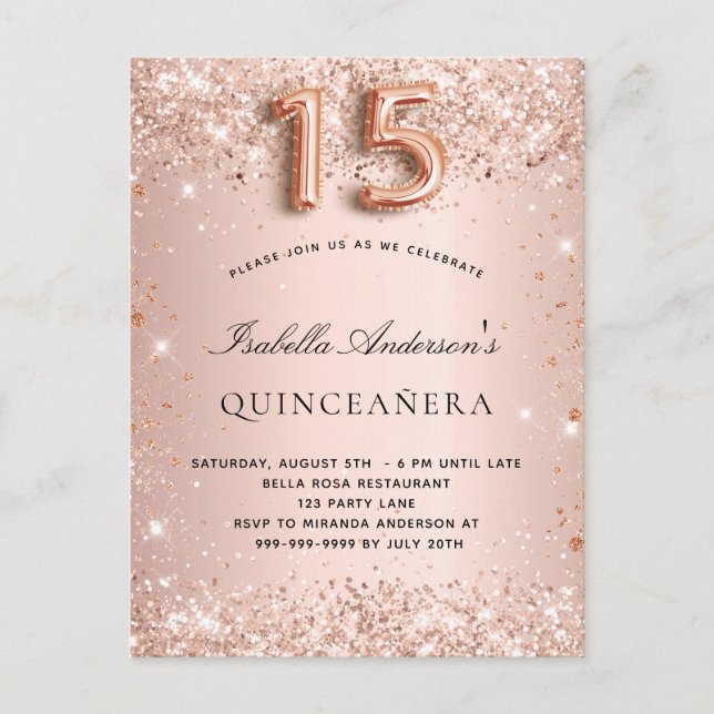 Postal De Invitación Quinceanera rosa dorado purpurina elegante (Anverso)
