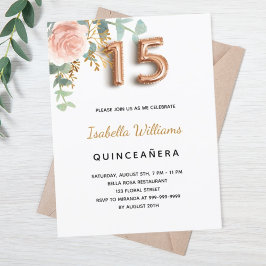 Postal De Invitación Quinceanera rosa floral oro eucalipto verde