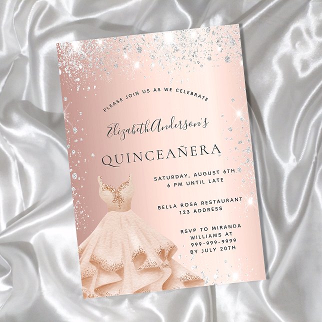 Postal De Invitación Quinceanera rosa oro plata purpurina vestido polvo (Subido por el creador)