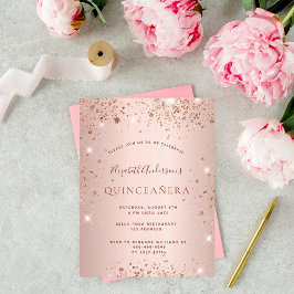 Postal De Invitación Quinceanera rosa oro purpurina brillo