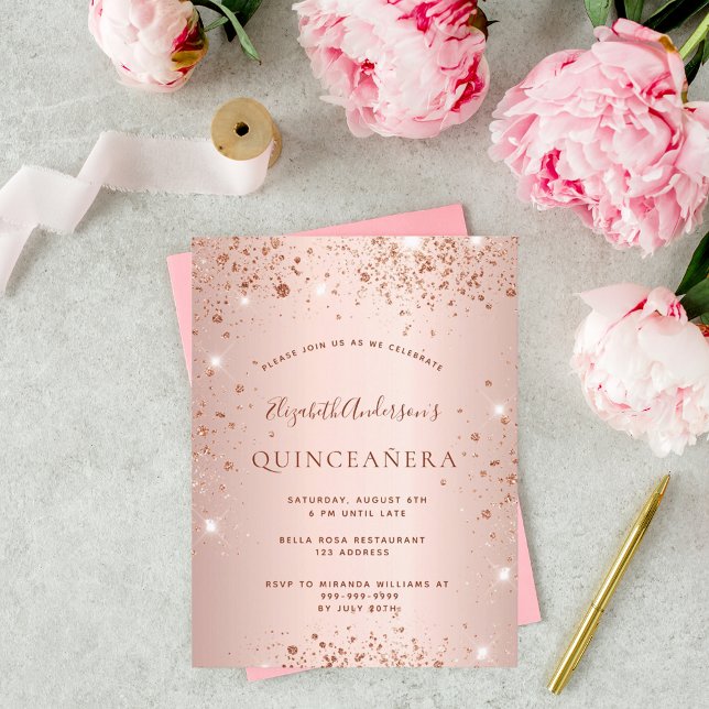 Postal De Invitación Quinceanera rosa oro purpurina brillo (Subido por el creador)