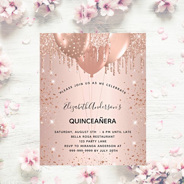 Postal De Invitación Quinceanera rosa oro purpurina lanza globos (Subido por el creador)