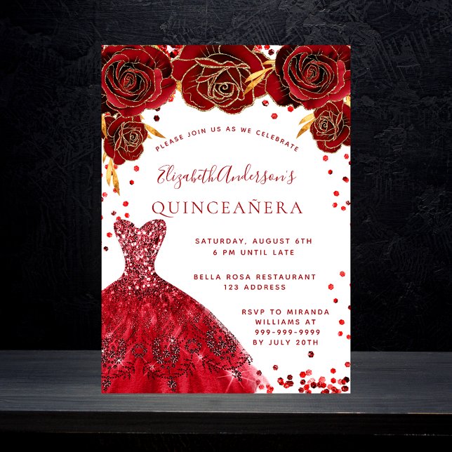 Postal De Invitación Quinceanera rosas de vestimenta blanca roja glamor (Subido por el creador)