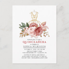 Postal De Invitación Quinceanera Rustic Floral Faux Gold Vestido 15