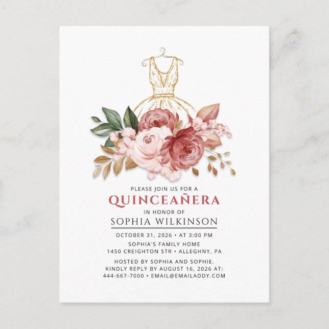 Postal De Invitación Quinceanera Rustic Floral Faux Gold Vestido 15 (Anverso)