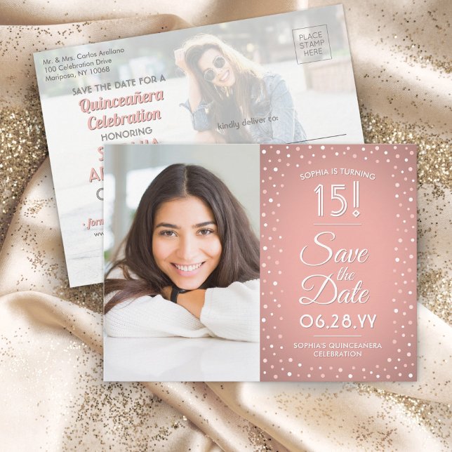 Postal De Invitación Quinceañera Salven la fecha 2 Foto Confetti rosa (Subido por el creador)