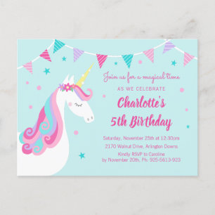Postal De Invitación Quinto cumpleaños de la unicornio arcoíris singula