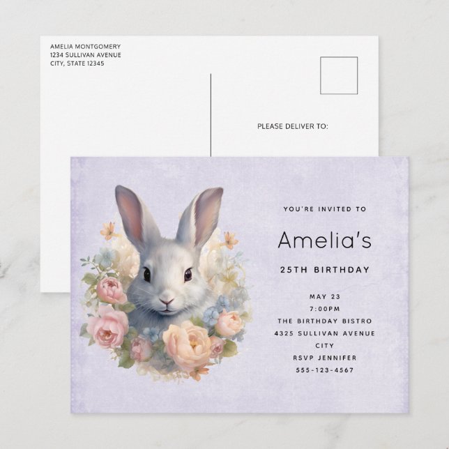 Postal De Invitación Rabbit Surrounded by Pastel Flowers Cute Birthday (Anverso / Reverso)