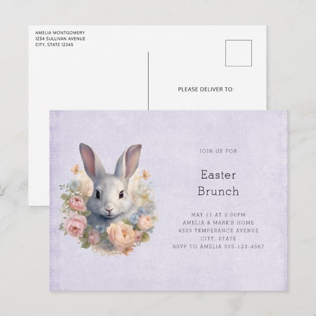 Postal De Invitación Rabbit Surrounded by Pastel Flowers Cute Easter (Anverso / Reverso)