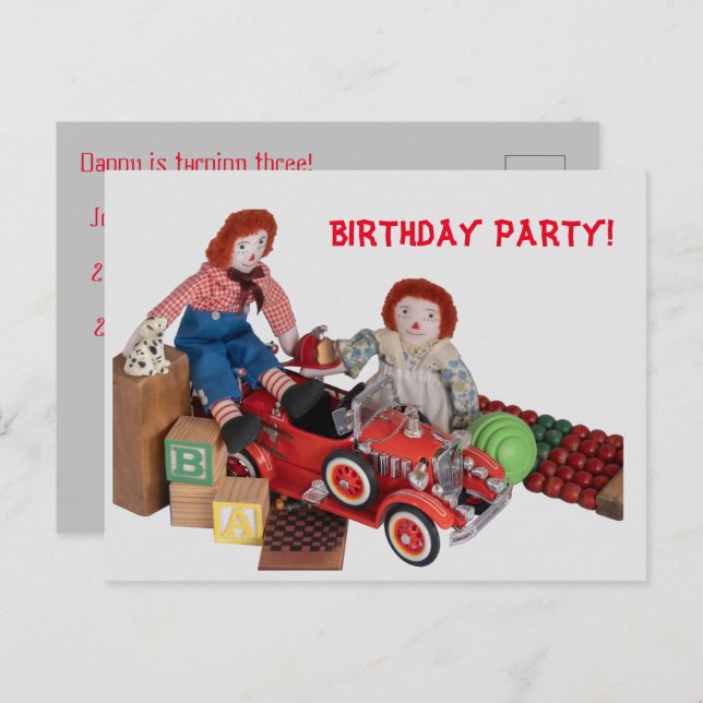 Postal De Invitación Raggedy Ann Andy Birthday, motor de bomberos infan (Anverso / Reverso)