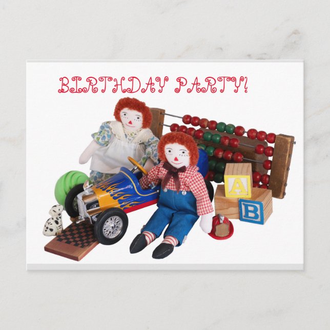 Postal De Invitación Raggedy Ann Andy juguete niño chica bebé de cumple (Anverso)