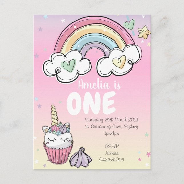 Postal De Invitación Rainbow Unicorn (Anverso)