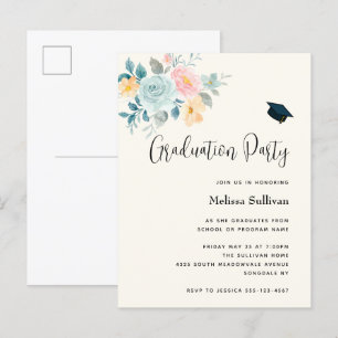 Postal De Invitación Ramo de flores rosas y azules elegante para gradua
